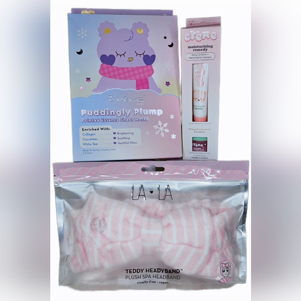 NIB Creme Shop Headband Lip Balm Lip Mask Puddingly Plump Face Masks Bundle